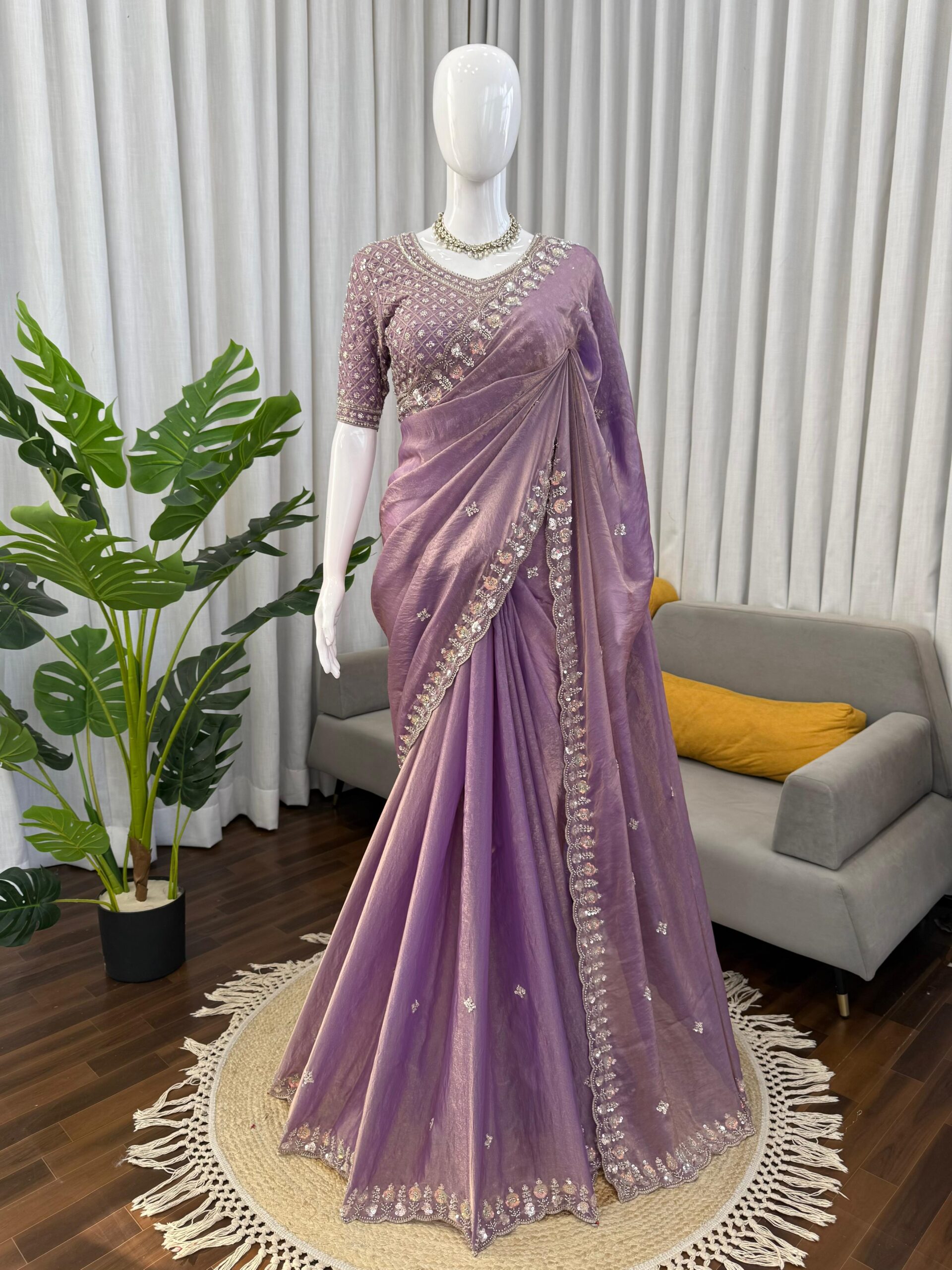 Onion Designer Saree on Satin Silk Febric with Cutdana Beads Work, Thread Embroidery & Sequins Work with Heavy Work on Blouse (SC15121) - Image 3