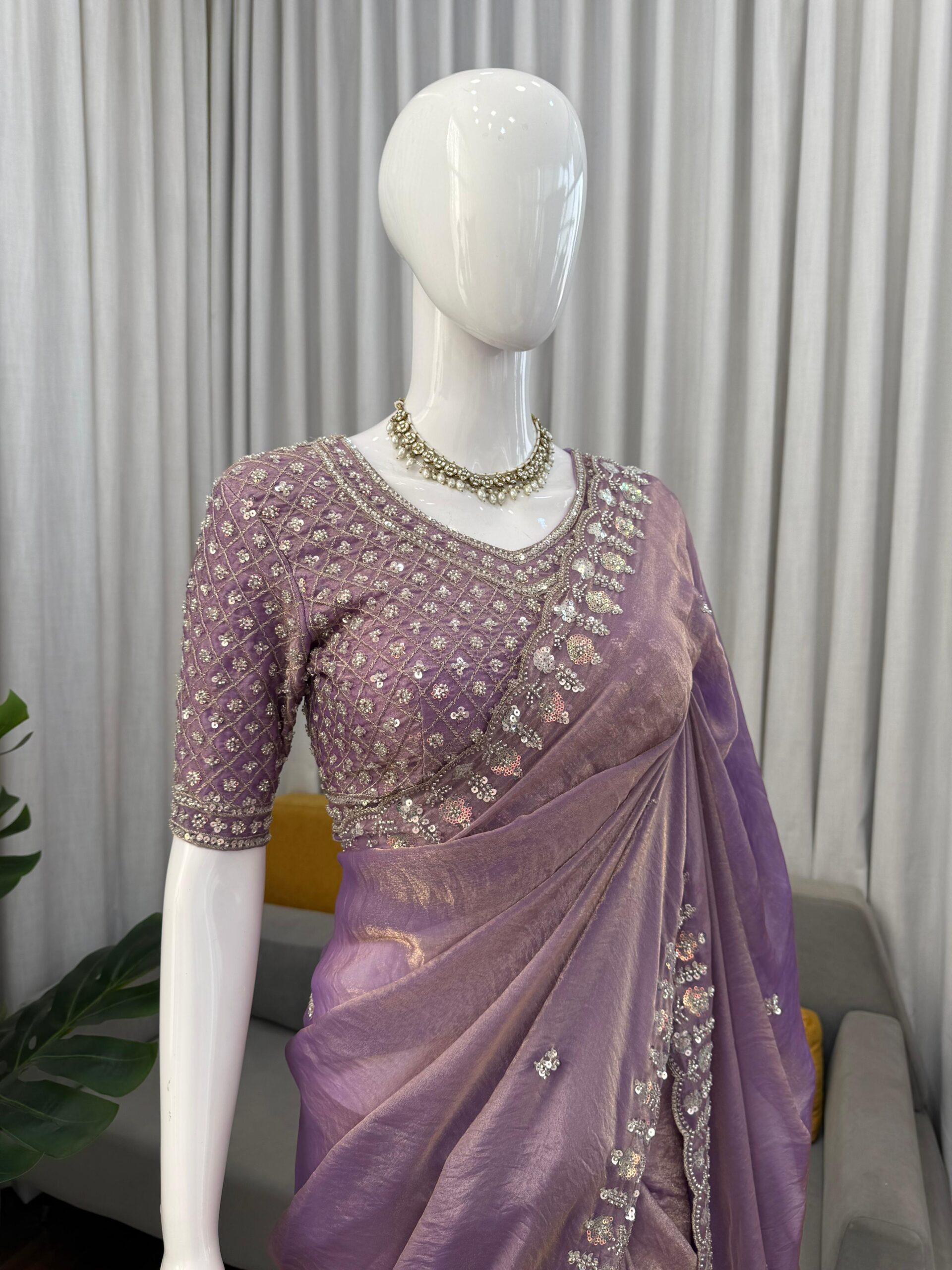 Onion Designer Saree on Satin Silk Febric with Cutdana Beads Work, Thread Embroidery & Sequins Work with Heavy Work on Blouse (SC15121)