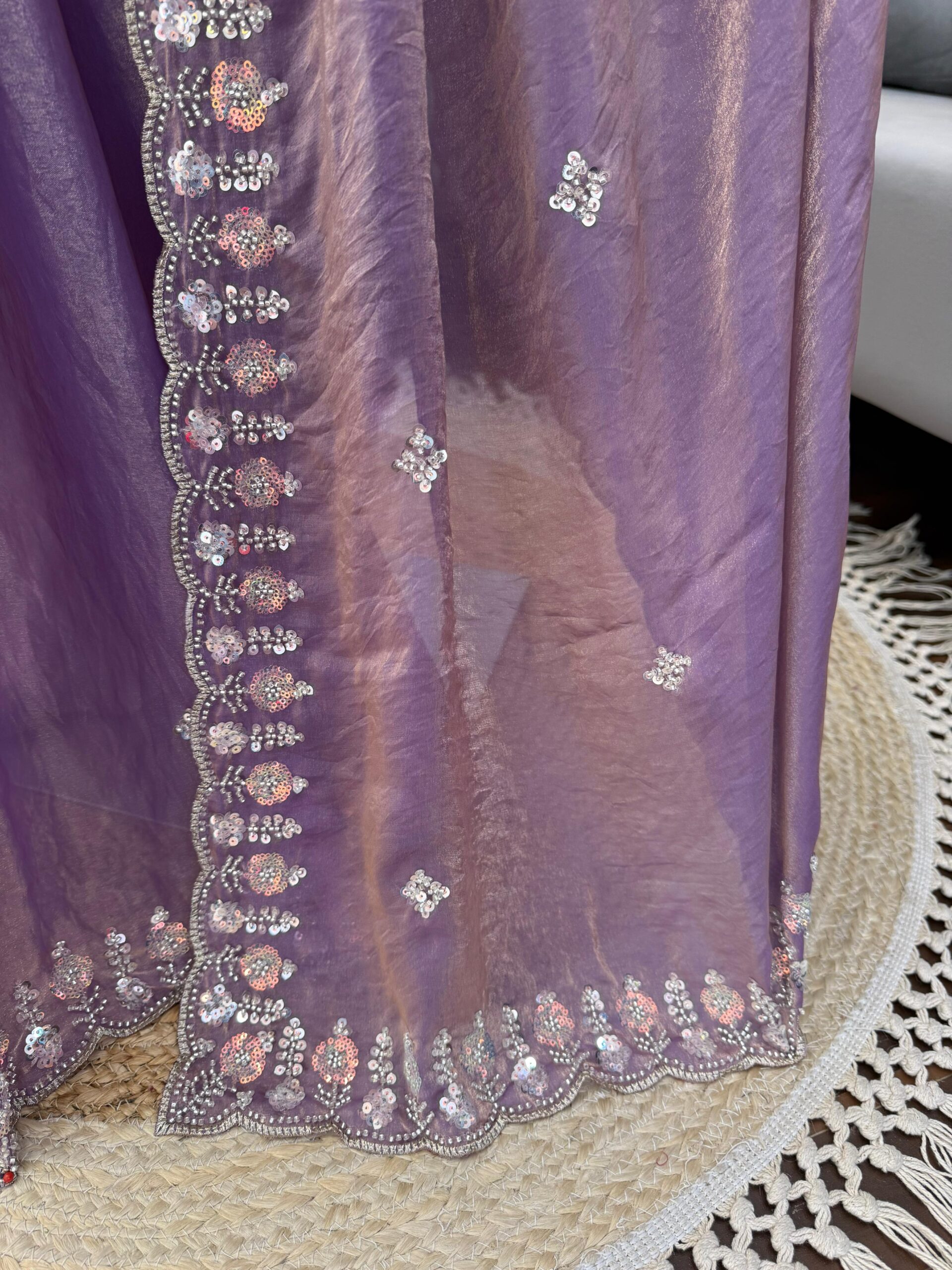 Onion Designer Saree on Satin Silk Febric with Cutdana Beads Work, Thread Embroidery & Sequins Work with Heavy Work on Blouse (SC15121) - Image 6