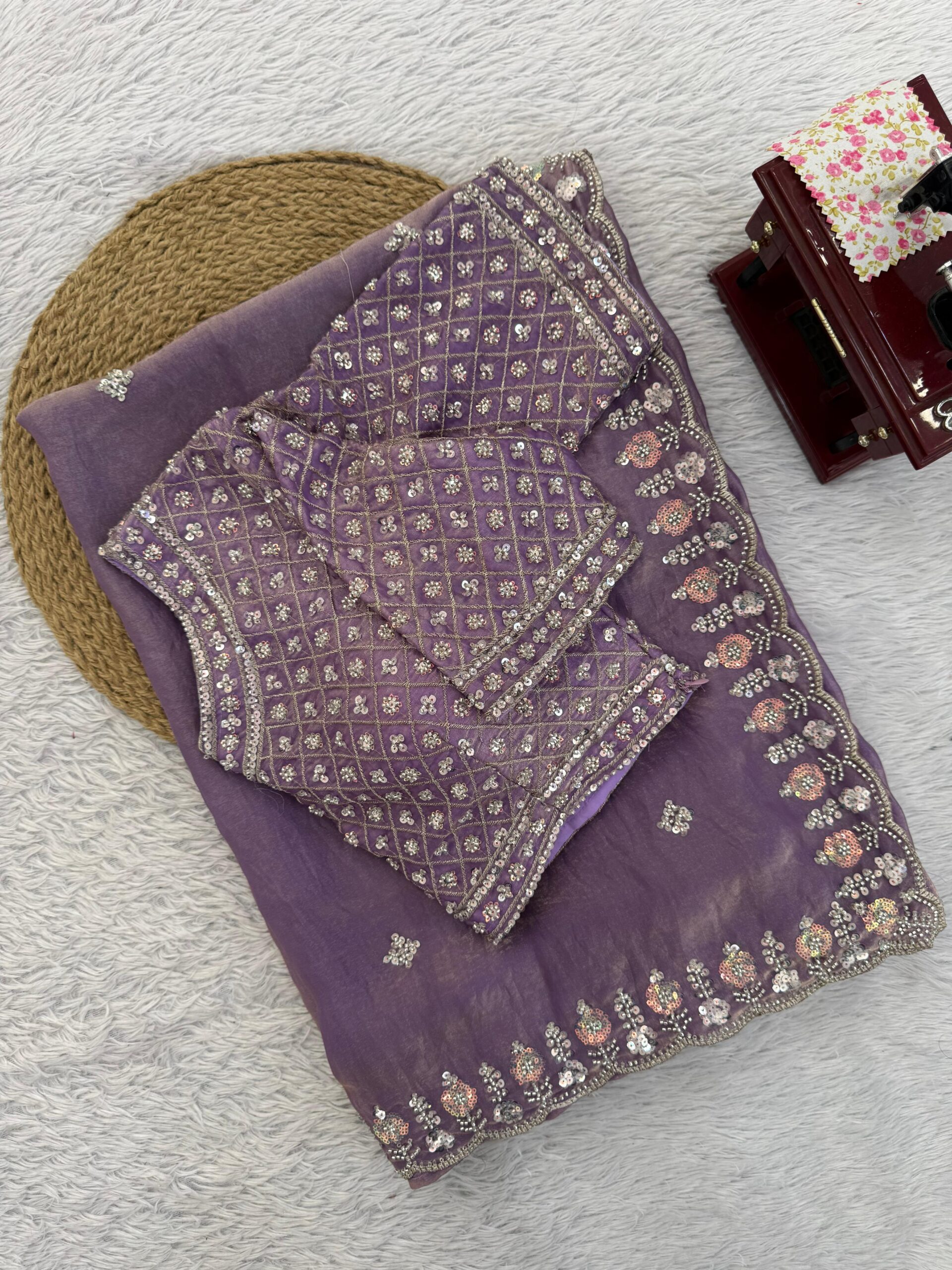 Onion Designer Saree on Satin Silk Febric with Cutdana Beads Work, Thread Embroidery & Sequins Work with Heavy Work on Blouse (SC15121) - Image 2
