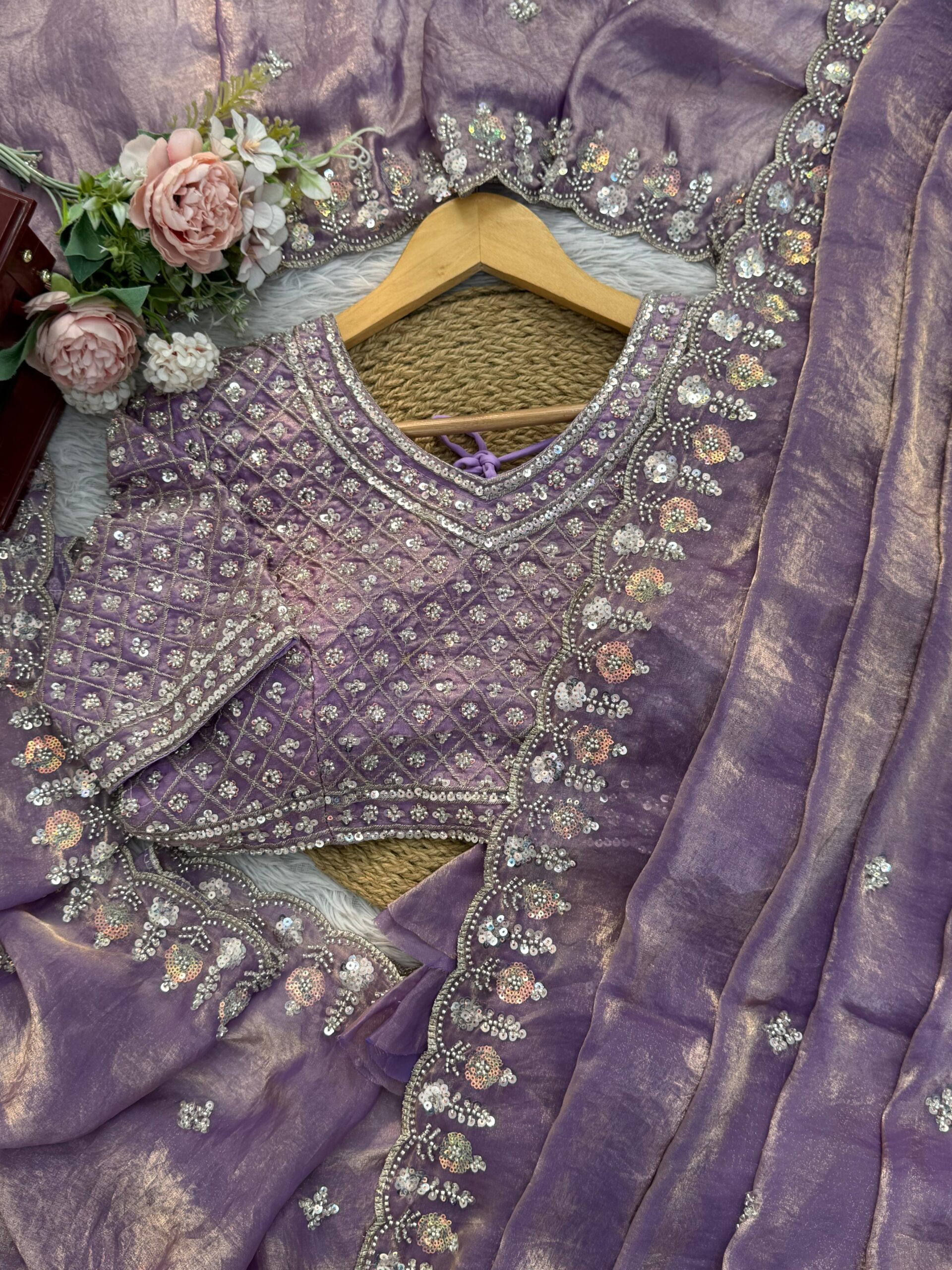 Onion Designer Saree on Satin Silk Febric with Cutdana Beads Work, Thread Embroidery & Sequins Work with Heavy Work on Blouse (SC15121) - Image 8