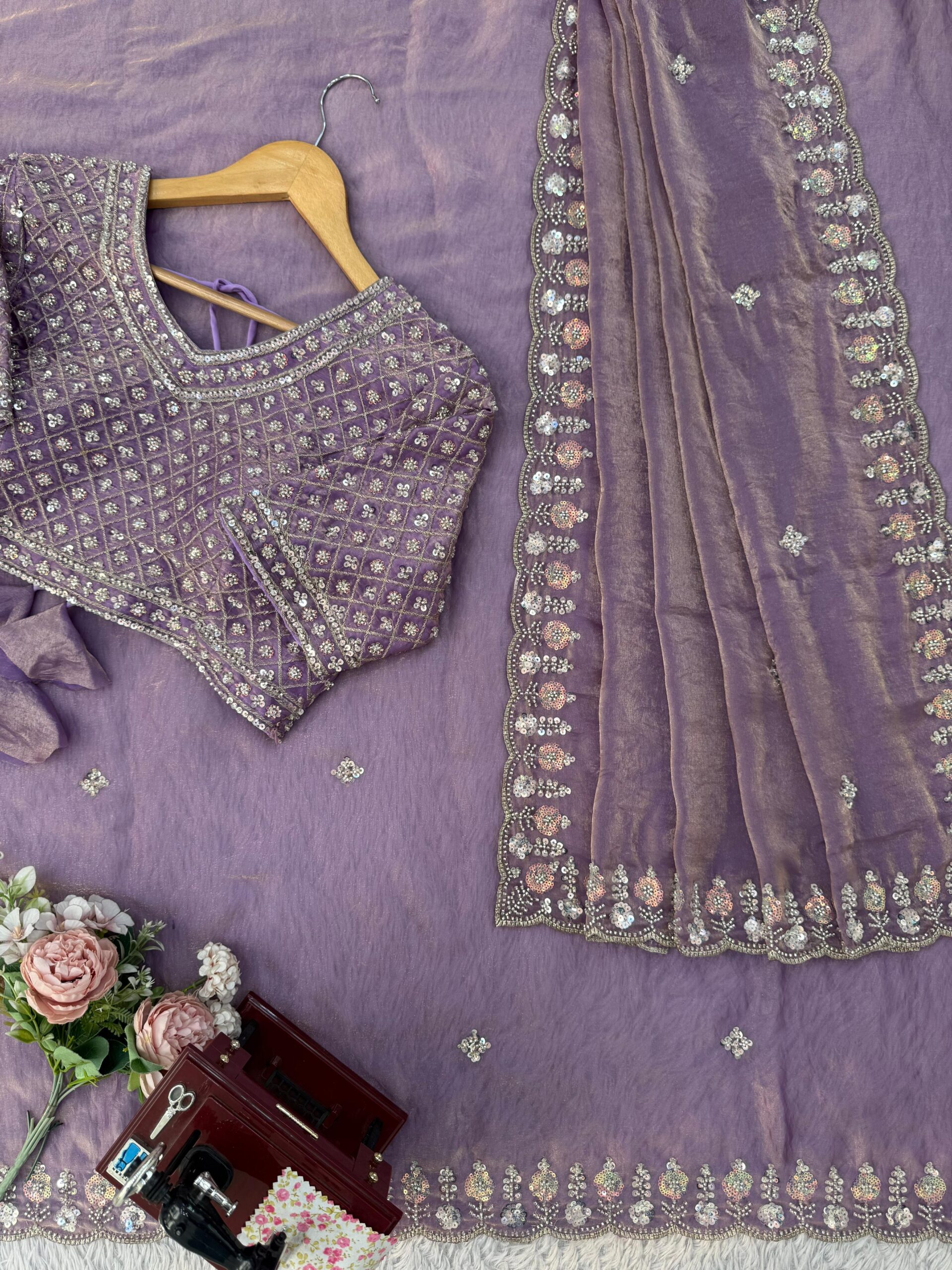 Onion Designer Saree on Satin Silk Febric with Cutdana Beads Work, Thread Embroidery & Sequins Work with Heavy Work on Blouse (SC15121) - Image 7