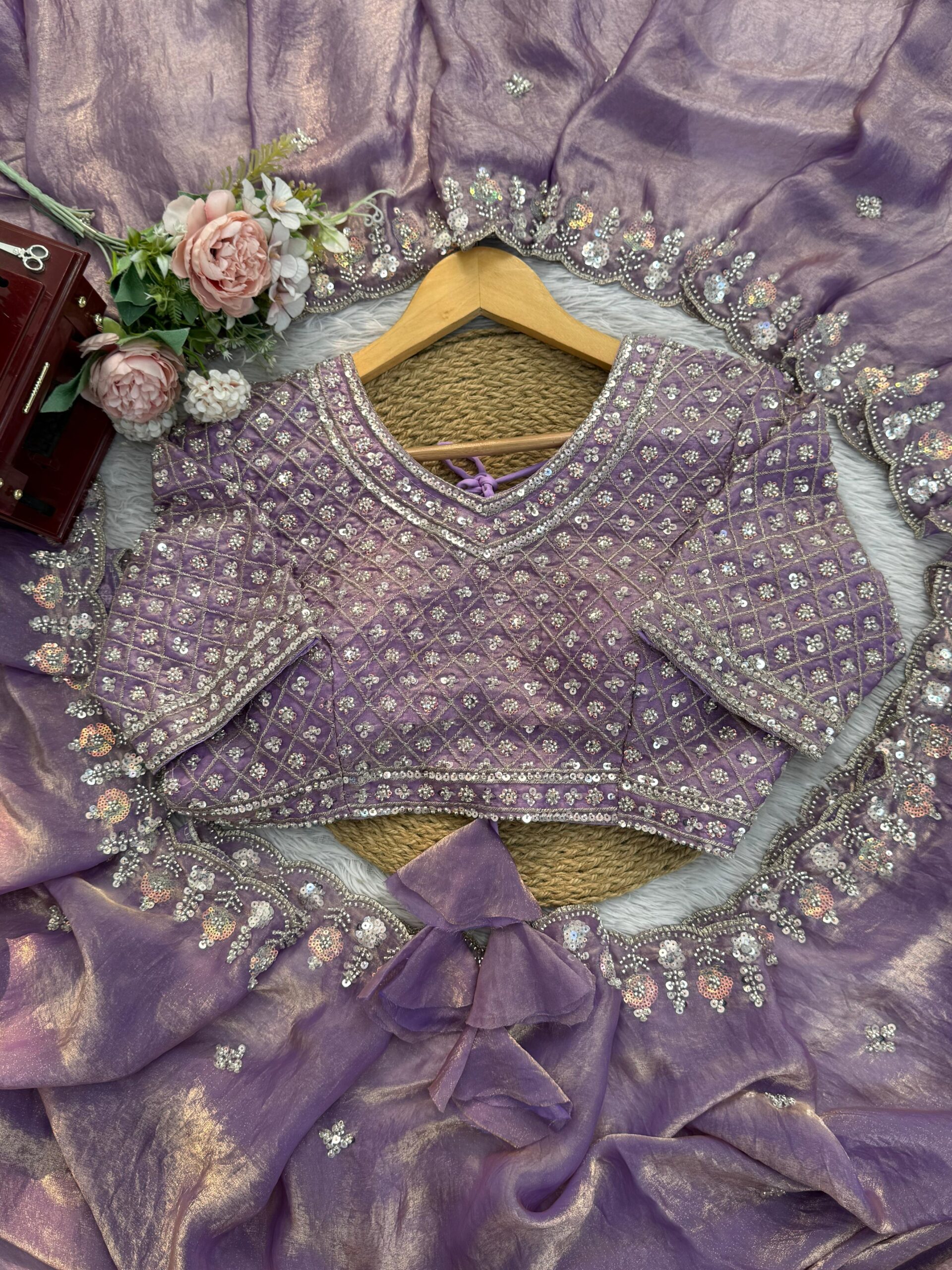 Onion Designer Saree on Satin Silk Febric with Cutdana Beads Work, Thread Embroidery & Sequins Work with Heavy Work on Blouse (SC15121) - Image 9