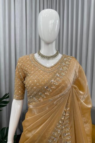 Golden Designer Saree on Satin Silk Febric with Cutdana Beads Work, Thread Embroidery & Sequins Work with Heavy Work on Blouse (SC15125)