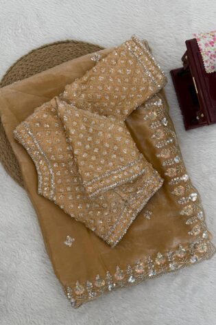Golden Designer Satin Silk Saree with Beads, Cutdana, Sequins & Thread Embroidery Work with Heavy Work on Blouse (SC15125)