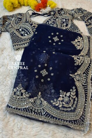 Blue Net Saree With Heavy Hand Embroidered Jarkan, Sequins Work (SC55111)