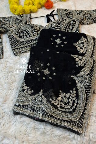 Black Net Saree With Heavy Hand Embroidered Jarkan, Sequins Work (SC55113)