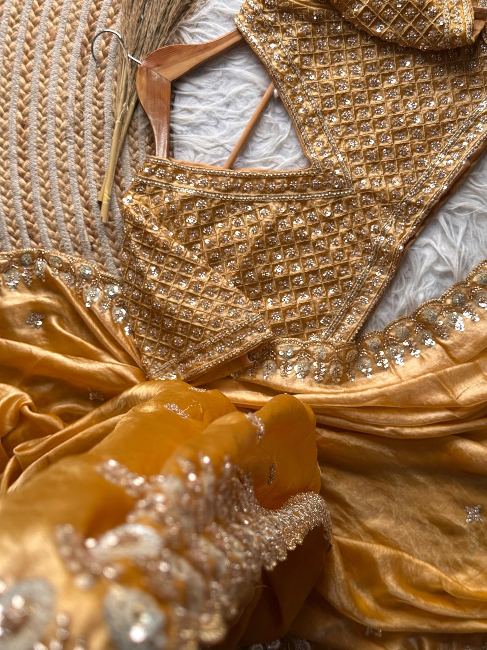 Golden Designer Fandy Satin Silk Saree with Beads, Cutdana, Sequins & Thread Embroidery Work with Heavy Work on Blouse (SC15125) - Image 11