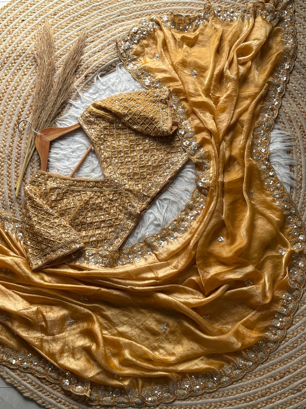 Golden Designer Fandy Satin Silk Saree with Beads, Cutdana, Sequins & Thread Embroidery Work with Heavy Work on Blouse (SC15125) - Image 7