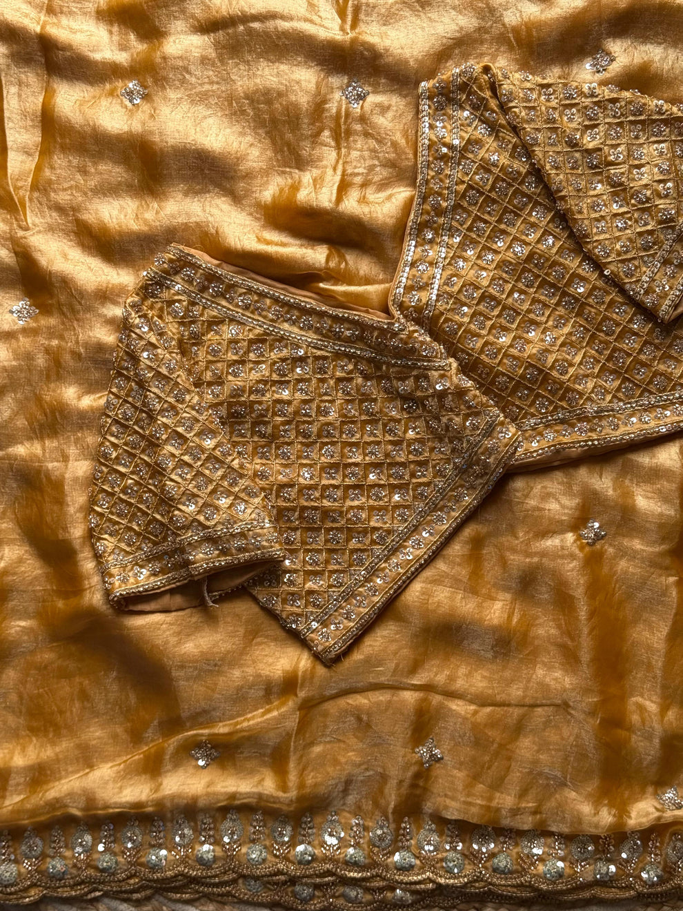 Golden Designer Fandy Satin Silk Saree with Beads, Cutdana, Sequins & Thread Embroidery Work with Heavy Work on Blouse (SC15125) - Image 9