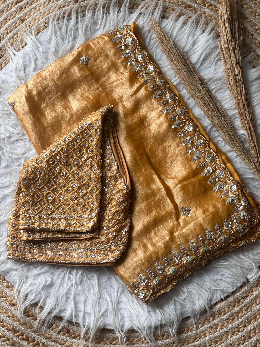 Golden Designer Fandy Satin Silk Saree with Beads, Cutdana, Sequins & Thread Embroidery Work with Heavy Work on Blouse (SC15125) - Image 8