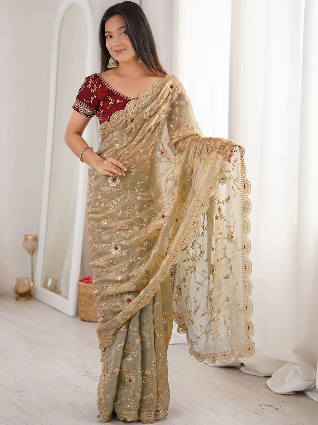 Beige Dual Tone Thread & Sequins Embroidered Fandy Satin Silk Saree (SC102026)