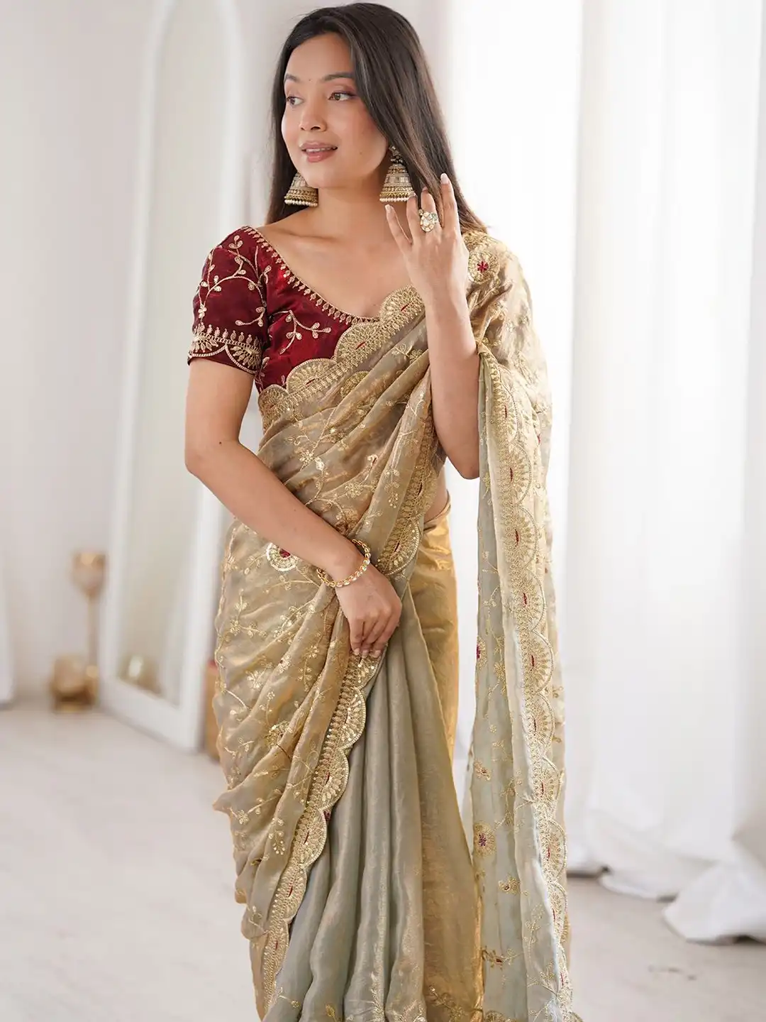 Beige Dual Tone Thread & Sequins Embroidered Fandy Satin Silk Saree (SC102026) - Image 3