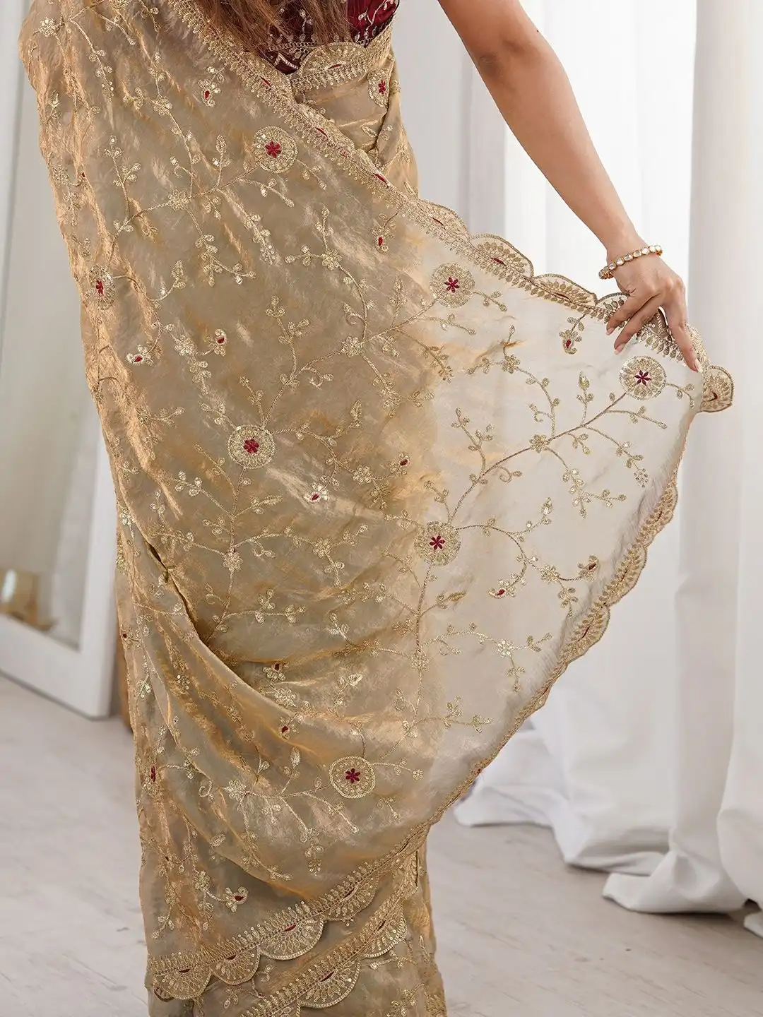 Beige Dual Tone Thread & Sequins Embroidered Fandy Satin Silk Saree (SC102026) - Image 5