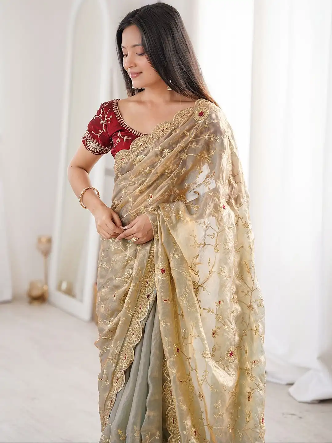 Beige Dual Tone Thread & Sequins Embroidered Fandy Satin Silk Saree (SC102026) - Image 4