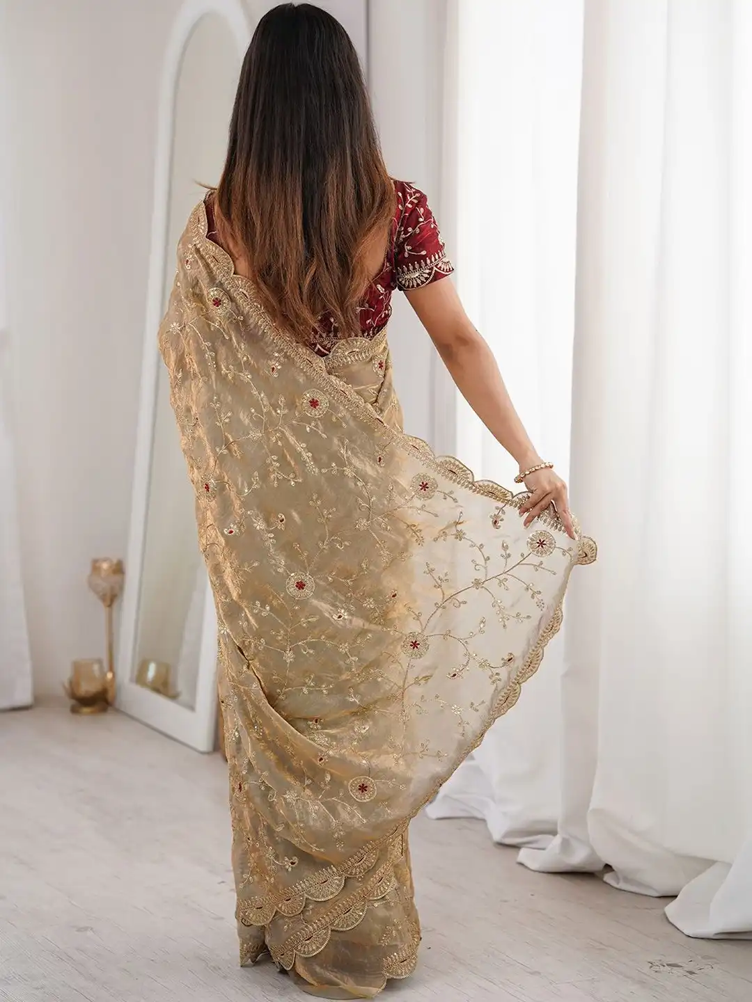 Beige Dual Tone Thread & Sequins Embroidered Fandy Satin Silk Saree (SC102026) - Image 6