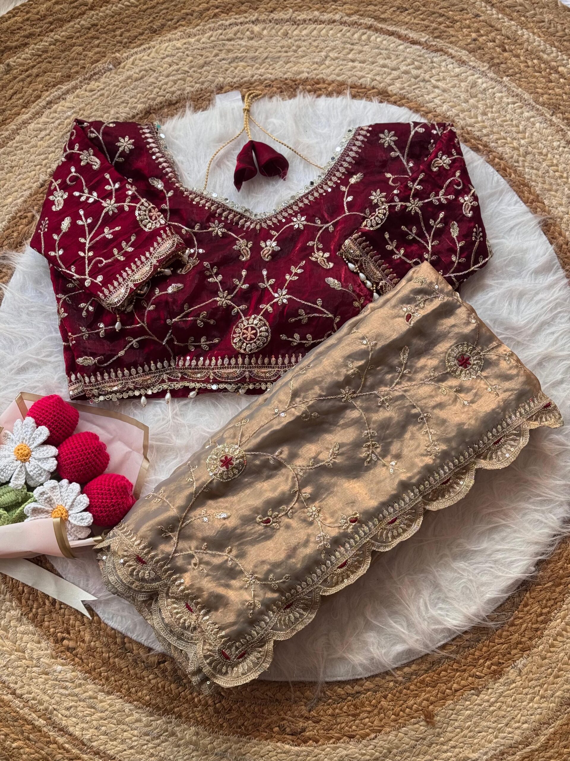 Beige Dual Tone Thread & Sequins Embroidered Satin Silk Saree (SC102026) - Image 5