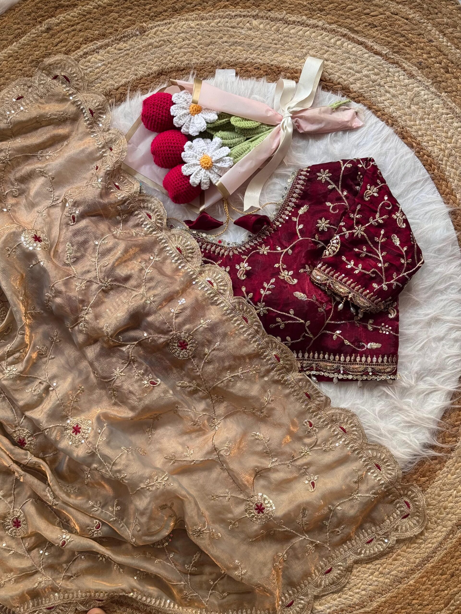 Beige Dual Tone Thread & Sequins Embroidered Satin Silk Saree (SC102026) - Image 6