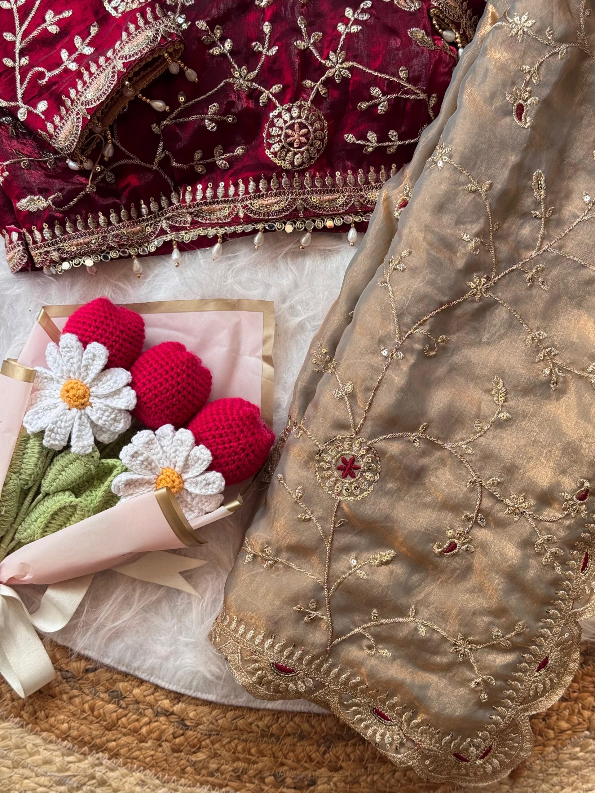 Beige Dual Tone Thread & Sequins Embroidered Satin Silk Saree (SC102026) - Image 8