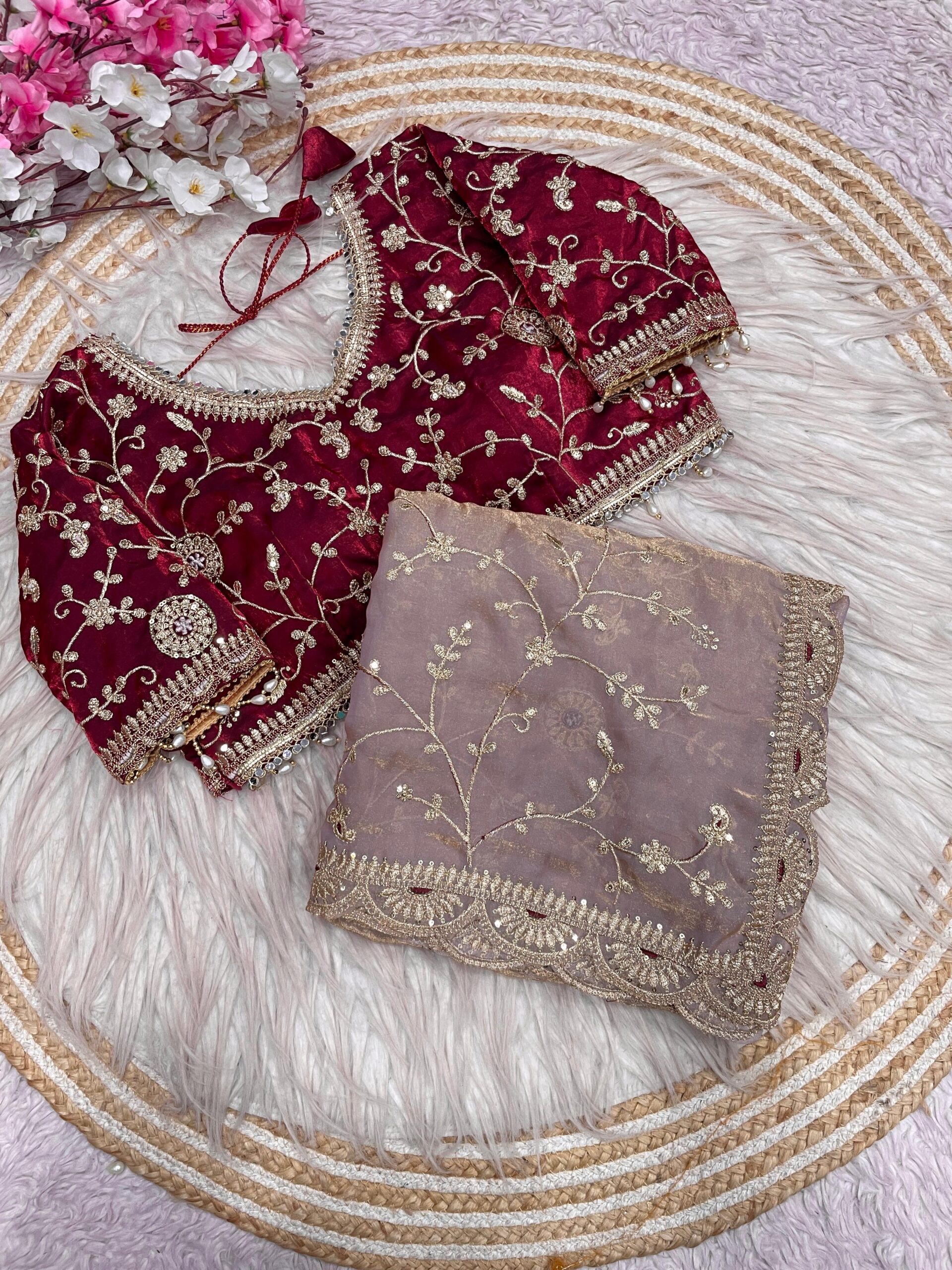 Beige Dual Tone Thread & Sequins Embroidered Satin Silk Saree (SC102026) - Image 9