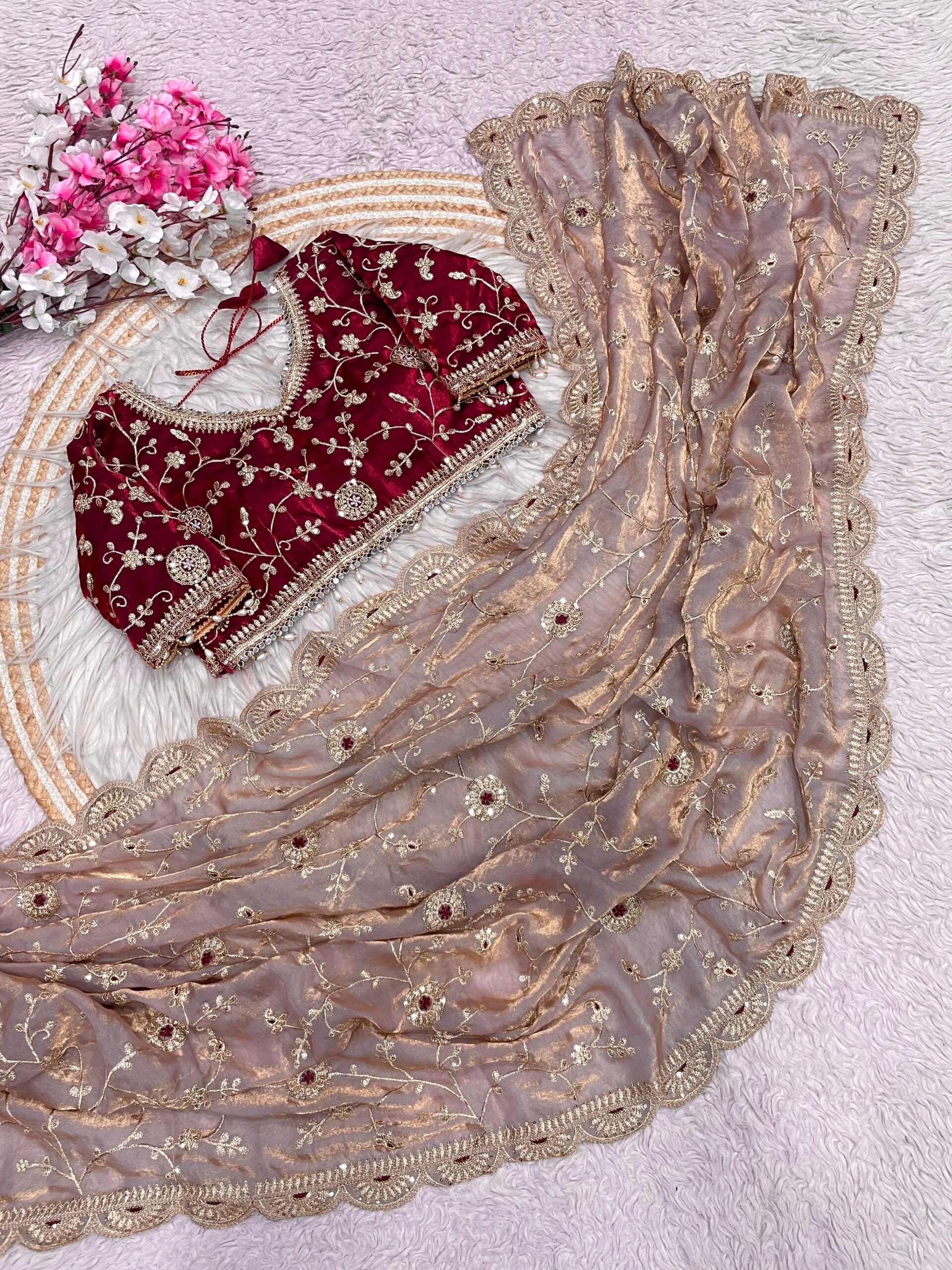 Beige Dual Tone Thread & Sequins Embroidered Satin Silk Saree (SC102026) - Image 10