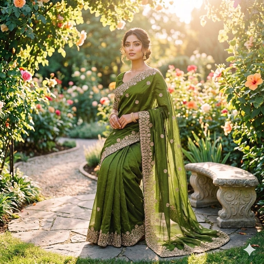 Mehendi Green Cutdana Beads & Sequins Embroidered Partywear Saree (SC85512) - Image 2