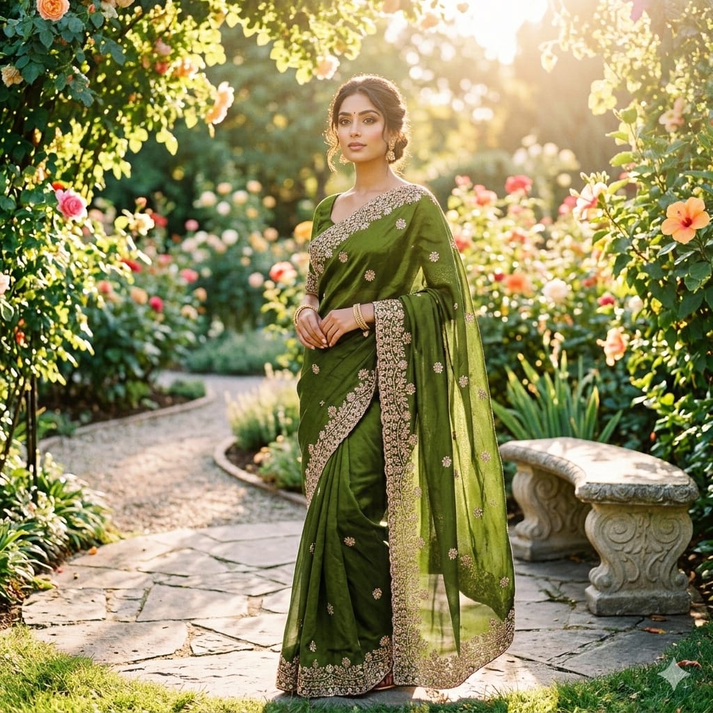 Mehendi Green Cutdana Beads & Sequins Embroidered Partywear Saree (SC85512) - Image 3