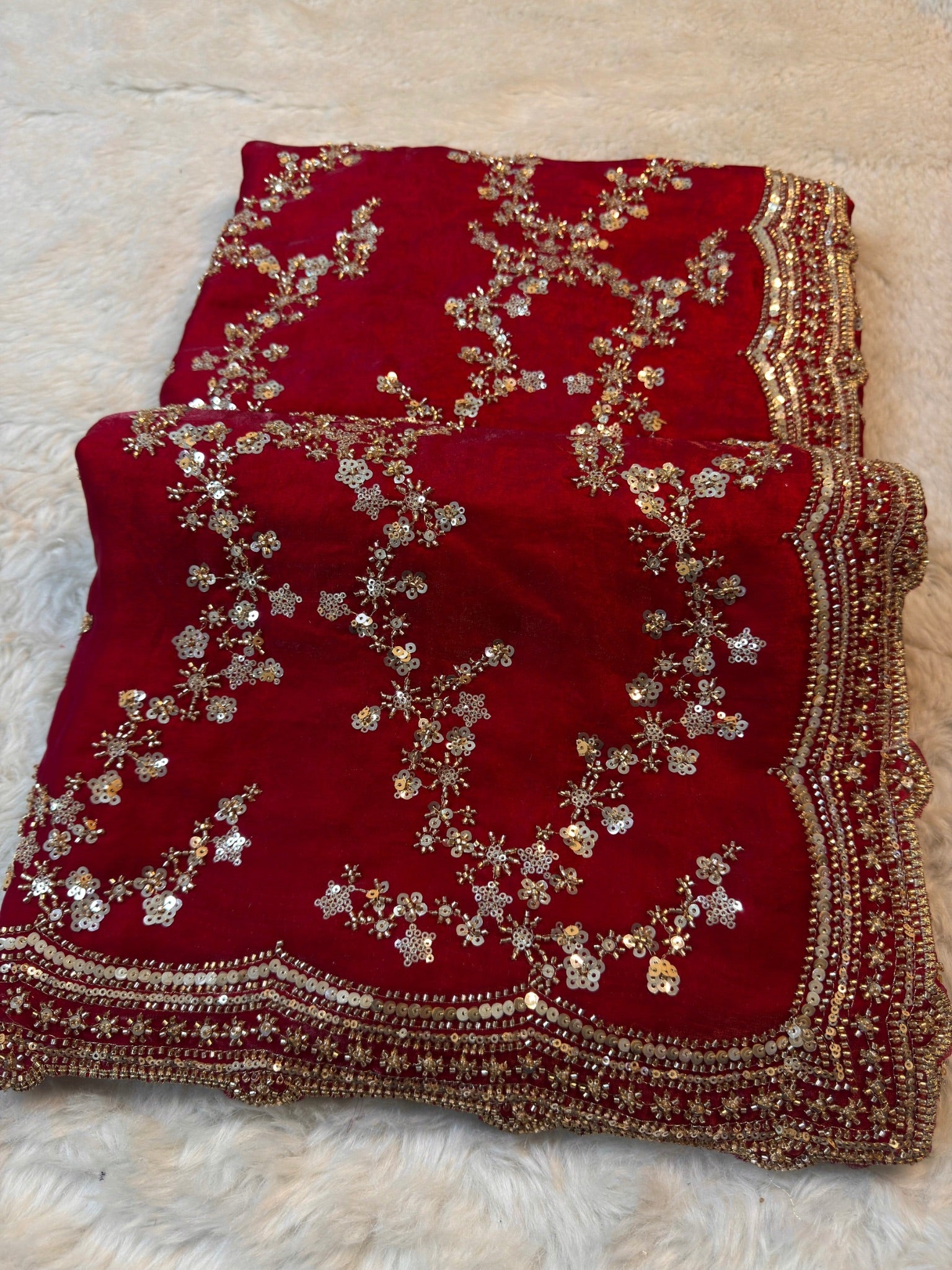 Luxury Red Fandy Satin Silk Saree with Gold Beads, Cutdana, Sequins Embroidery Work (SC99114)