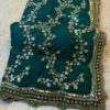 Luxury Emerald Green Fandy Satin Silk Saree with Gold Beads, Cutdana, Sequins Embroidery Work (SC99112)