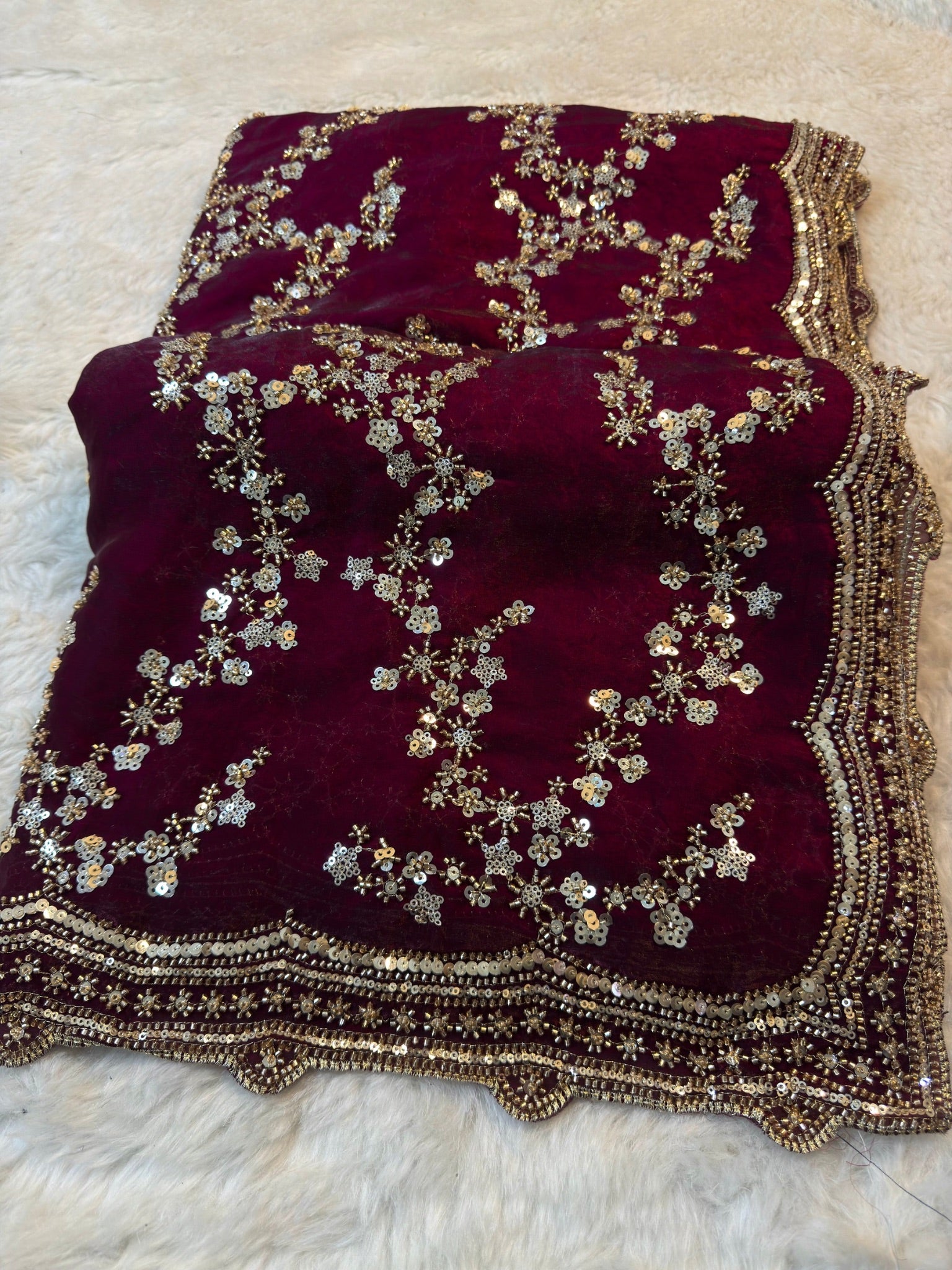 Luxury Wine Magenta Fandy Satin Silk Saree with Gold Beads, Cutdana, Sequins Embroidery Work (SC99116)
