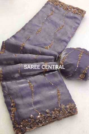 Levender Satin Silk Saree with Gold Beads, Cutdana, Sequins Embroidery Work (SC88112)