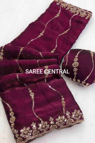 Magenta Satin Silk Saree with Gold Beads, Cutdana, Sequins Embroidery Work (SC88113)