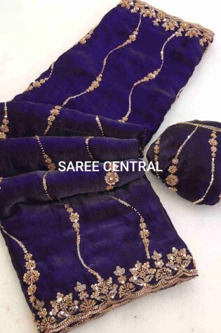 Purple Satin Silk Saree with Gold Beads, Cutdana, Sequins Embroidery Work (SC88111)