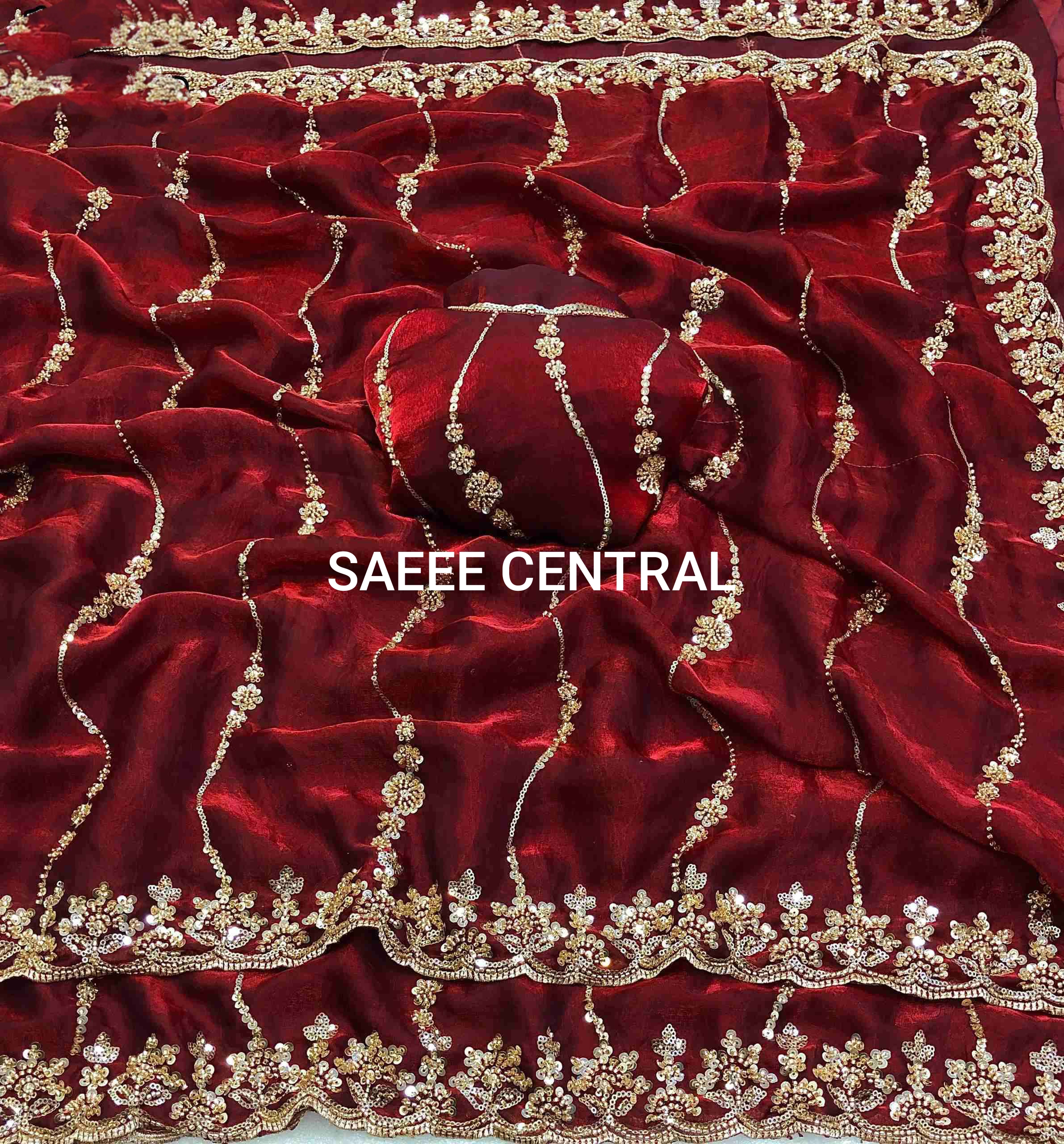 Maroon Satin Silk Saree with Gold Beads, Cutdana, Sequins Embroidery Work (SC88114) - Image 2