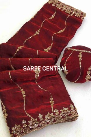 Maroon Satin Silk Saree with Gold Beads, Cutdana, Sequins Embroidery Work (SC88114)