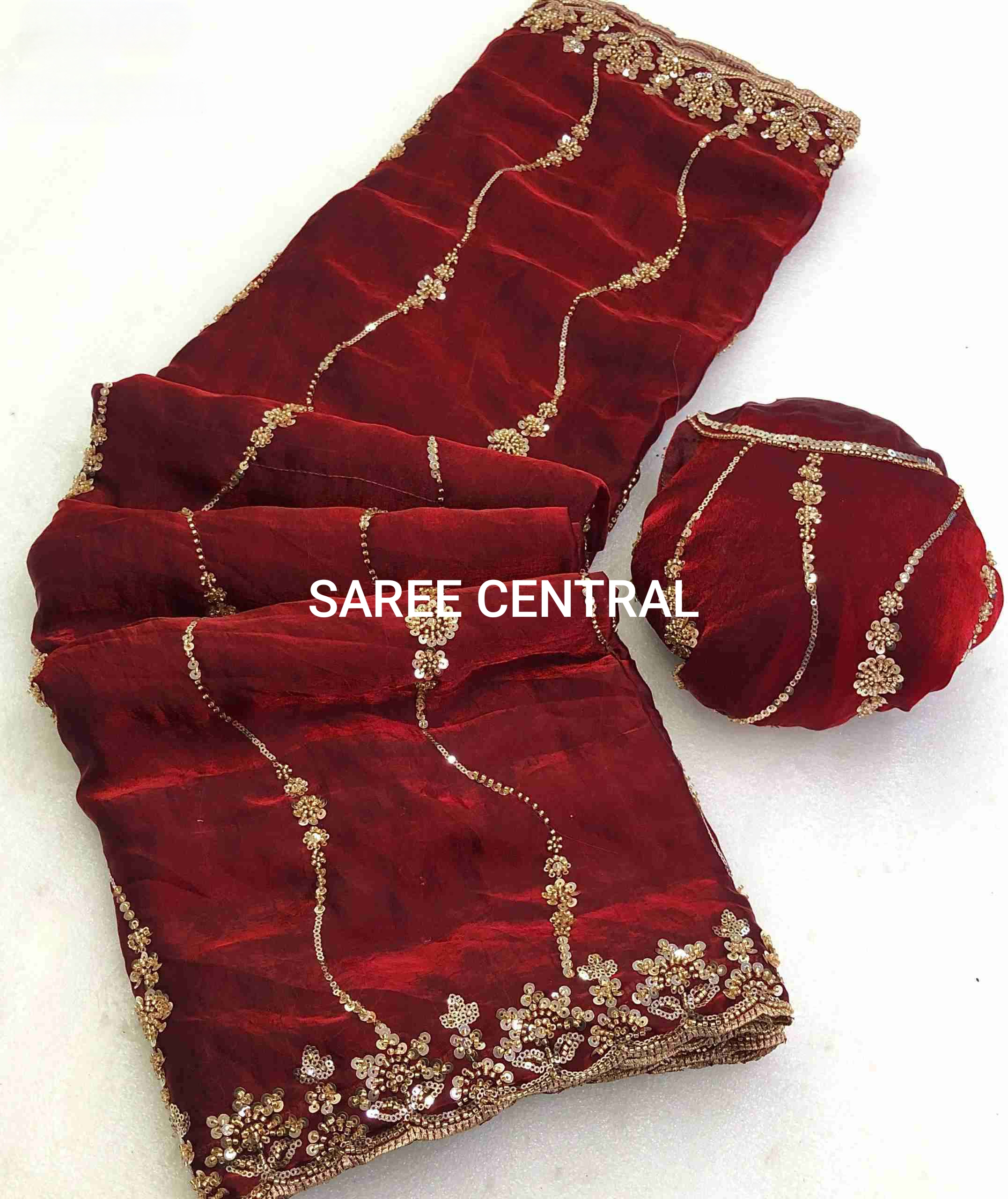 Maroon Satin Silk Saree with Gold Beads, Cutdana, Sequins Embroidery Work (SC88114)