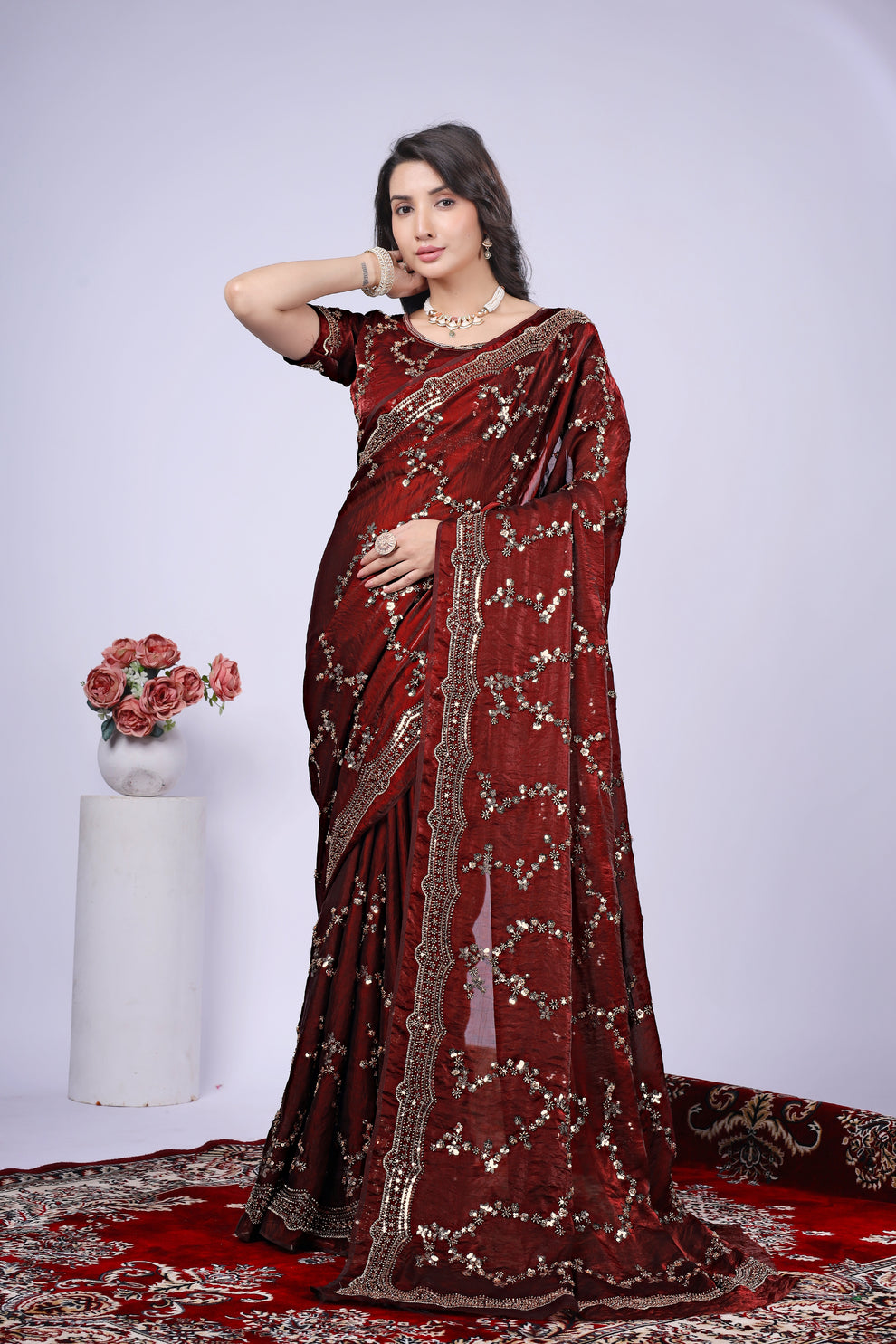 Maroon Satin Silk Saree with Rose Gold Beads, Cutdana, Sequins Embroidery Work (SC99111) - Image 13