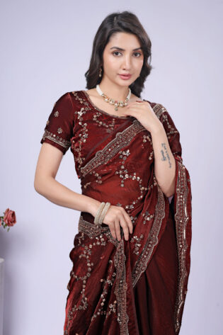 Maroon Satin Silk Saree with Rose Gold Beads, Cutdana, Sequins Embroidery Work (SC99111)