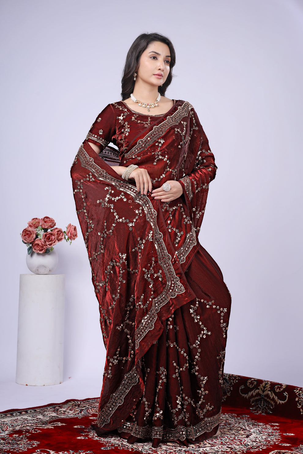 Maroon Satin Silk Saree with Rose Gold Beads, Cutdana, Sequins Embroidery Work (SC99111) - Image 11
