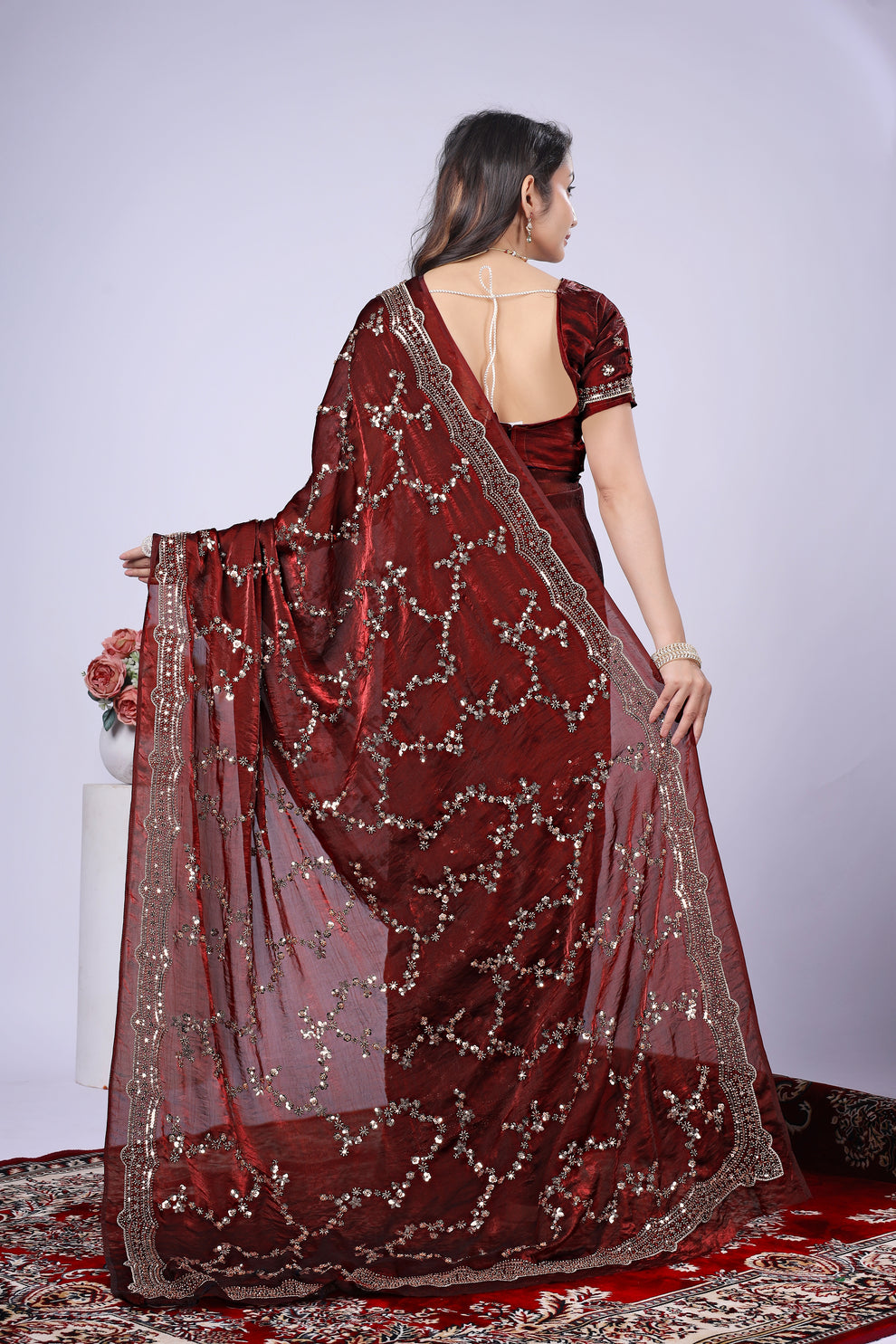 Maroon Satin Silk Saree with Rose Gold Beads, Cutdana, Sequins Embroidery Work (SC99111) - Image 10