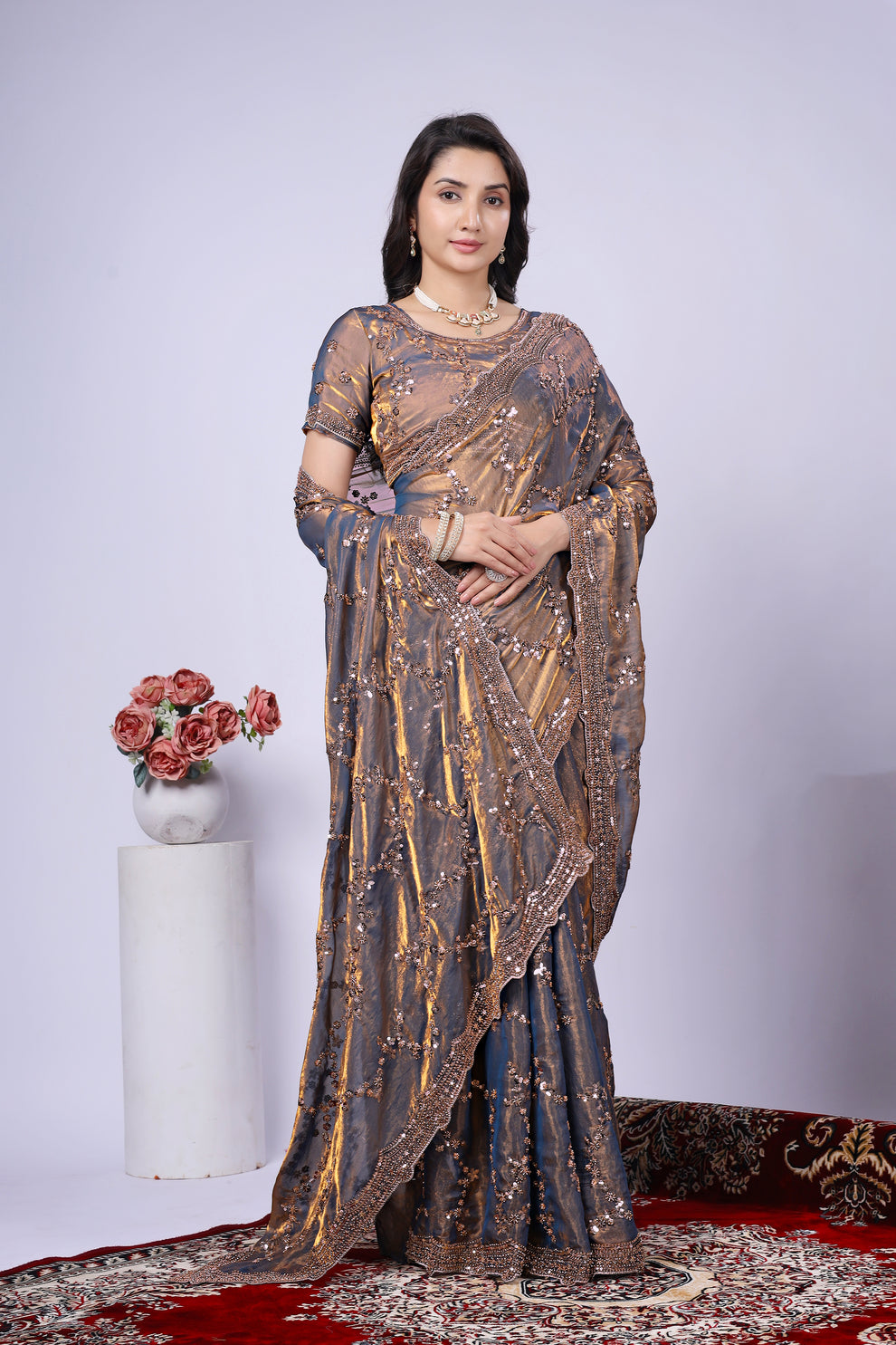 Bronze Gold Fandy Satin Silk Saree with Rose Gold Beads, Cutdana, Sequins Embroidery Work (SC99122) - Image 2