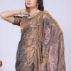 Bronze Gold Fandy Satin Silk Saree with Rose Gold Beads, Cutdana, Sequins Embroidery Work (SC99122)
