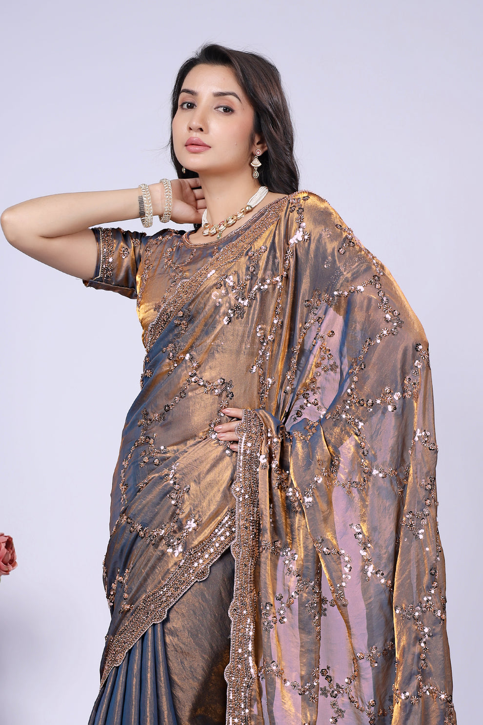 Bronze Gold Fandy Satin Silk Saree with Rose Gold Beads, Cutdana, Sequins Embroidery Work (SC99122)