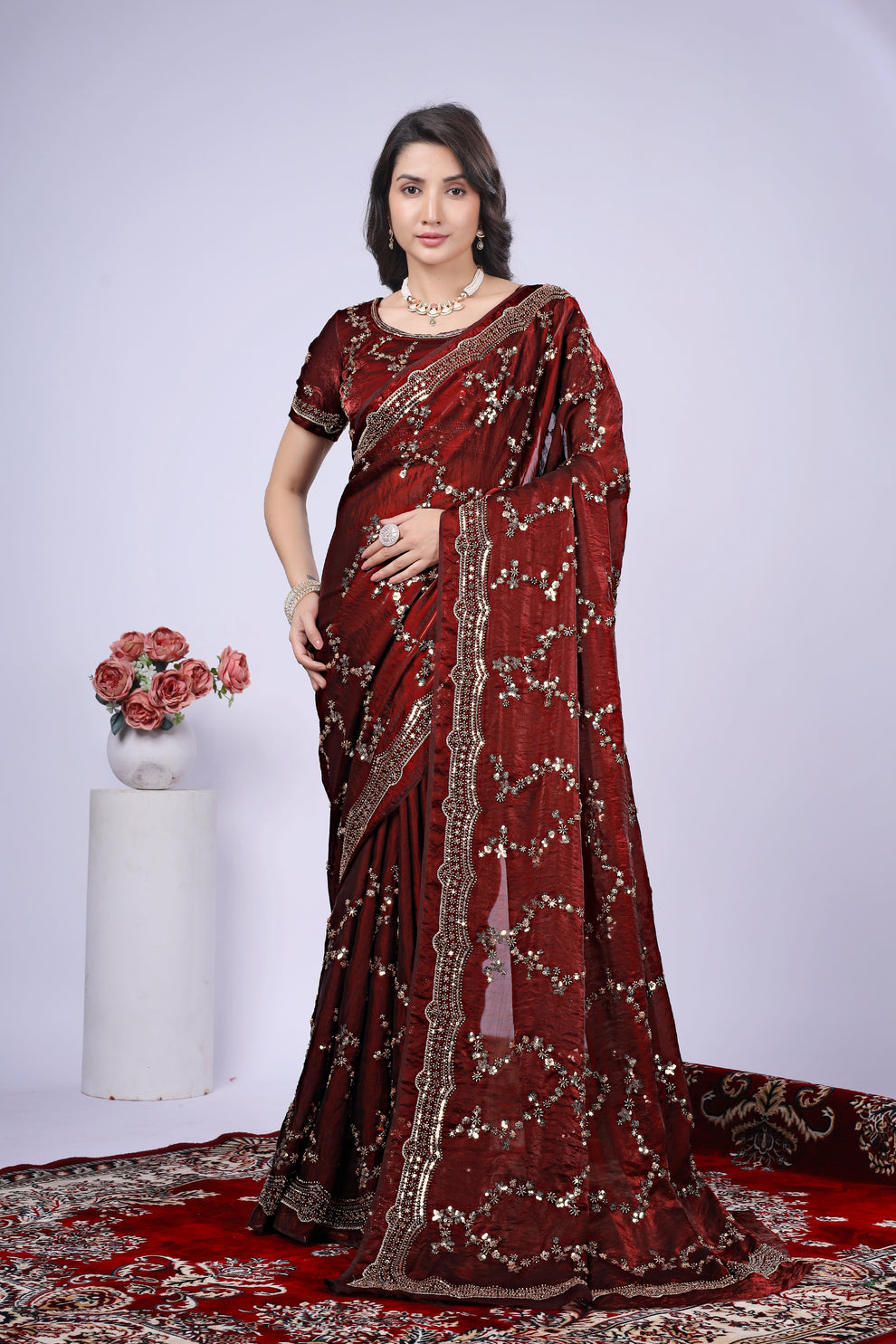 Maroon Satin Silk Saree with Rose Gold Beads, Cutdana, Sequins Embroidery Work (SC99111) - Image 14
