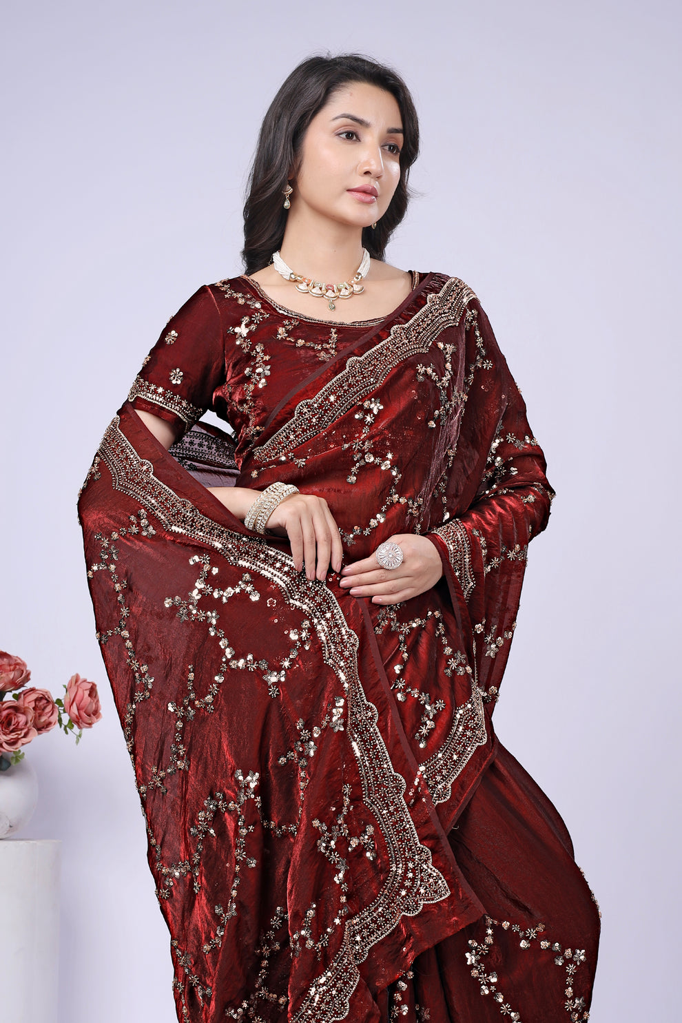 Maroon Satin Silk Saree with Rose Gold Beads, Cutdana, Sequins Embroidery Work (SC99111) - Image 12