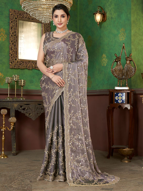 Luxury Vanilla Fandy Satin Silk Saree with Rose Gold Beads, Cutdana, Sequins Embroidery Work (SC99113) - Image 3