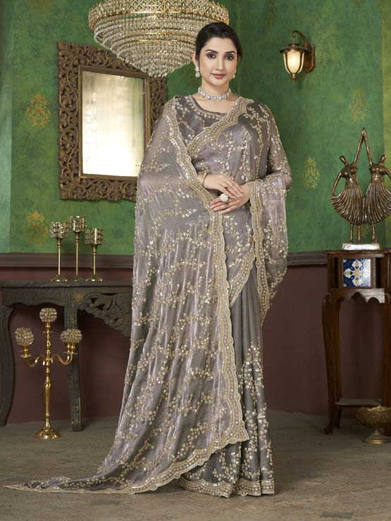 Luxury Vanilla Fandy Satin Silk Saree with Rose Gold Beads, Cutdana, Sequins Embroidery Work (SC99113) - Image 2