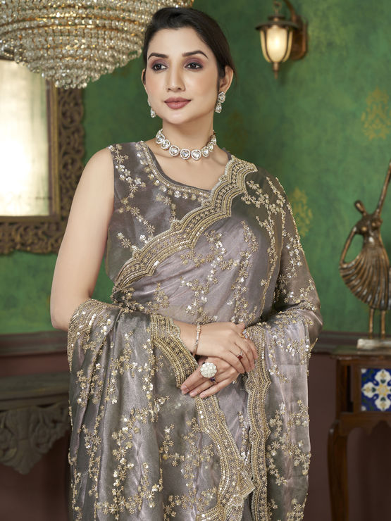 Luxury Vanilla Fandy Satin Silk Saree with Rose Gold Beads, Cutdana, Sequins Embroidery Work (SC99113)