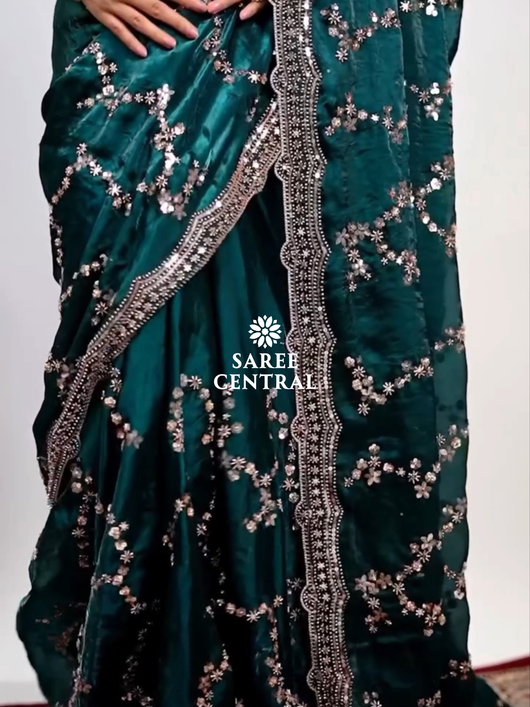 Emerald Green Satin Silk Saree with Rose Gold Beads, Cutdana, Sequins Embroidery Work (SC99112) - Image 9