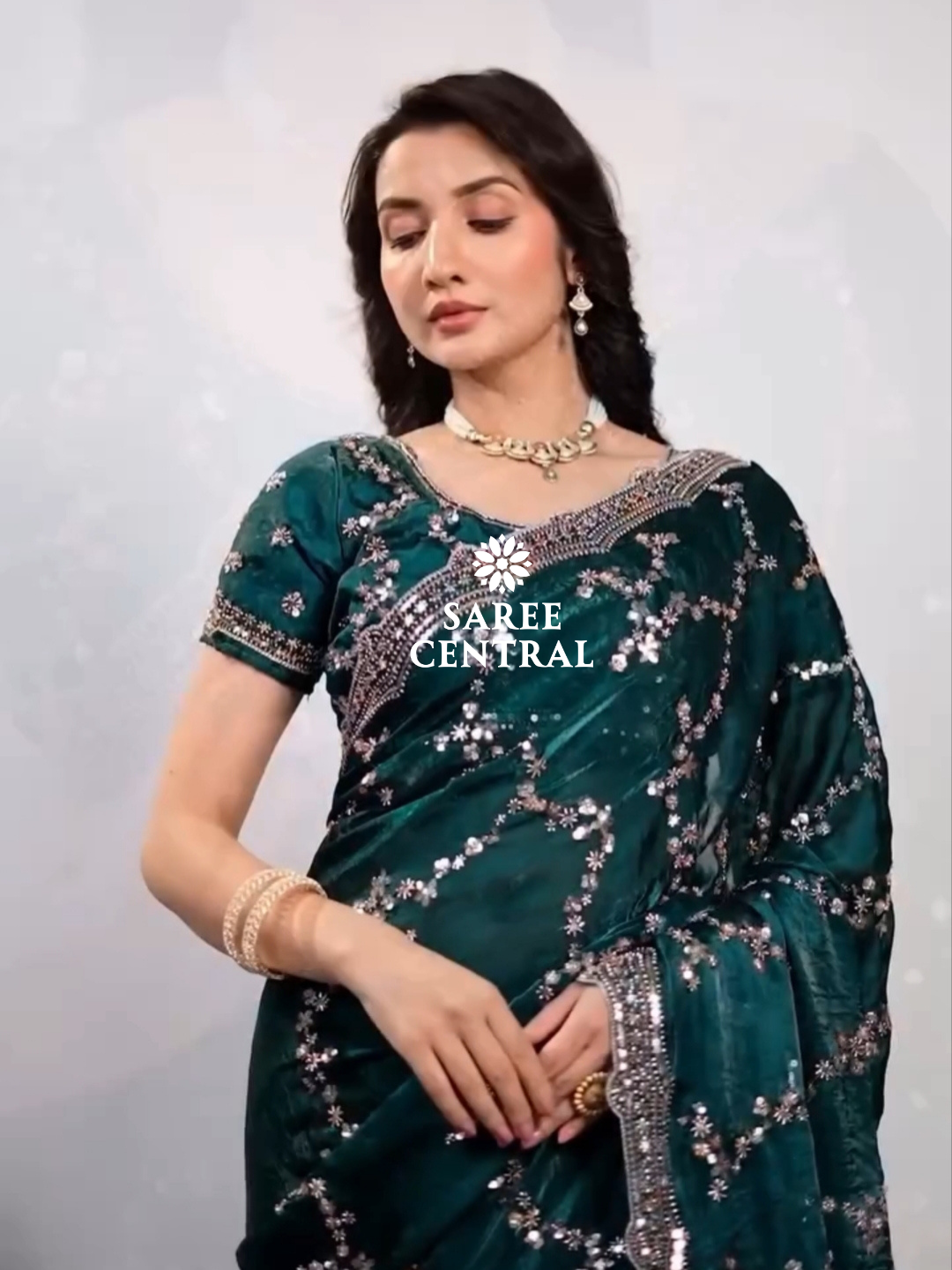 Emerald Green Satin Silk Saree with Rose Gold Beads, Cutdana, Sequins Embroidery Work (SC99112) - Image 5